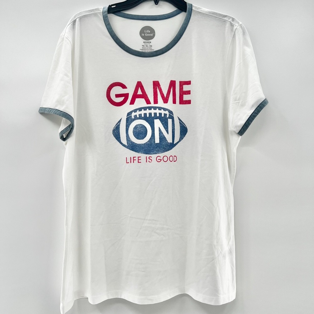 LIFE IS GOOD Women's Sz XL Classic Fit White Short-Sleeve GAME ON Ringer T-Shirt